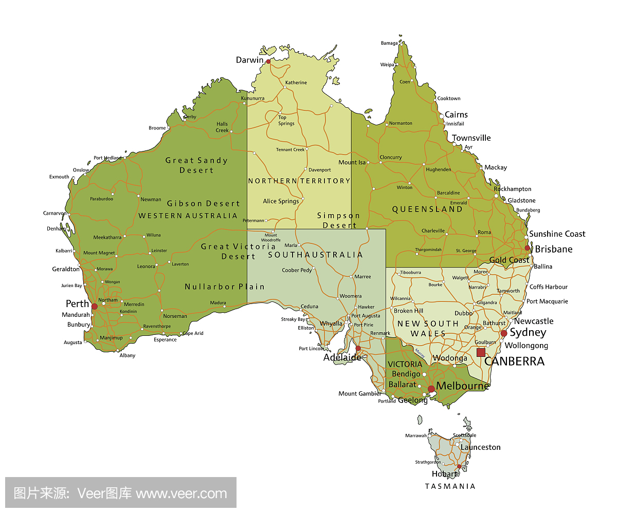 高度详细的可分层政治地图。澳大利亚。