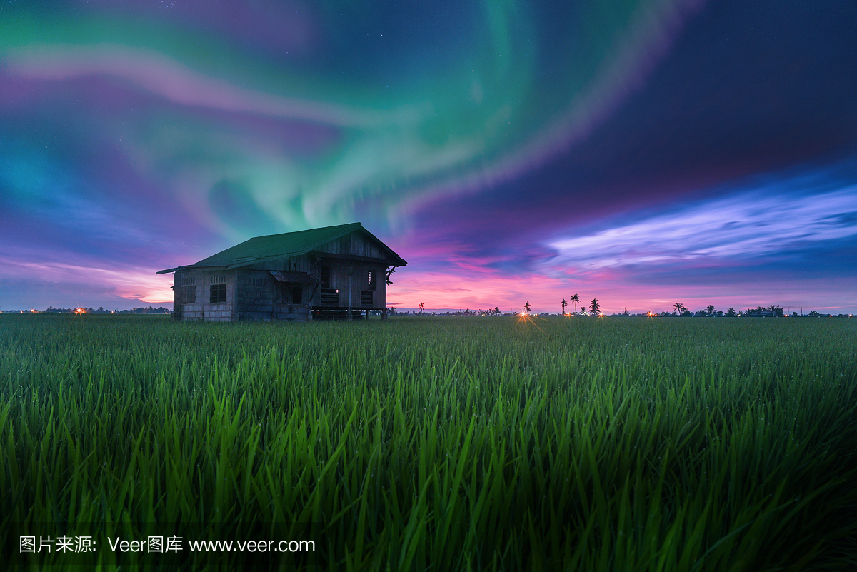 ed house at the middle paddy field with aurora 