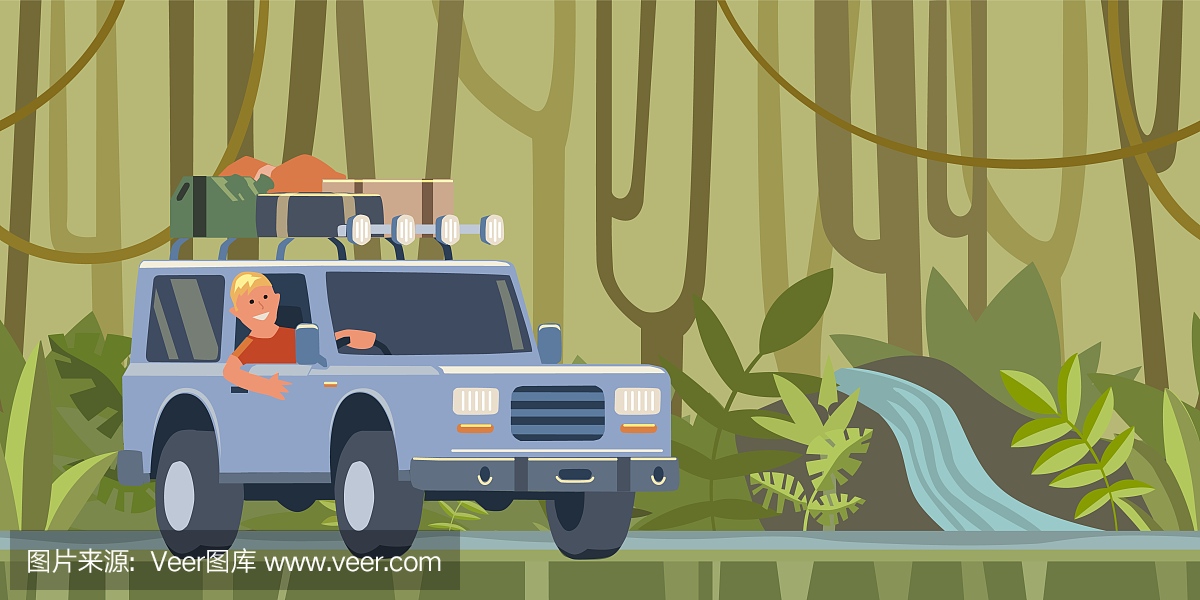 行李在屋顶上的SUV汽车和微笑的家伙,穿过丛