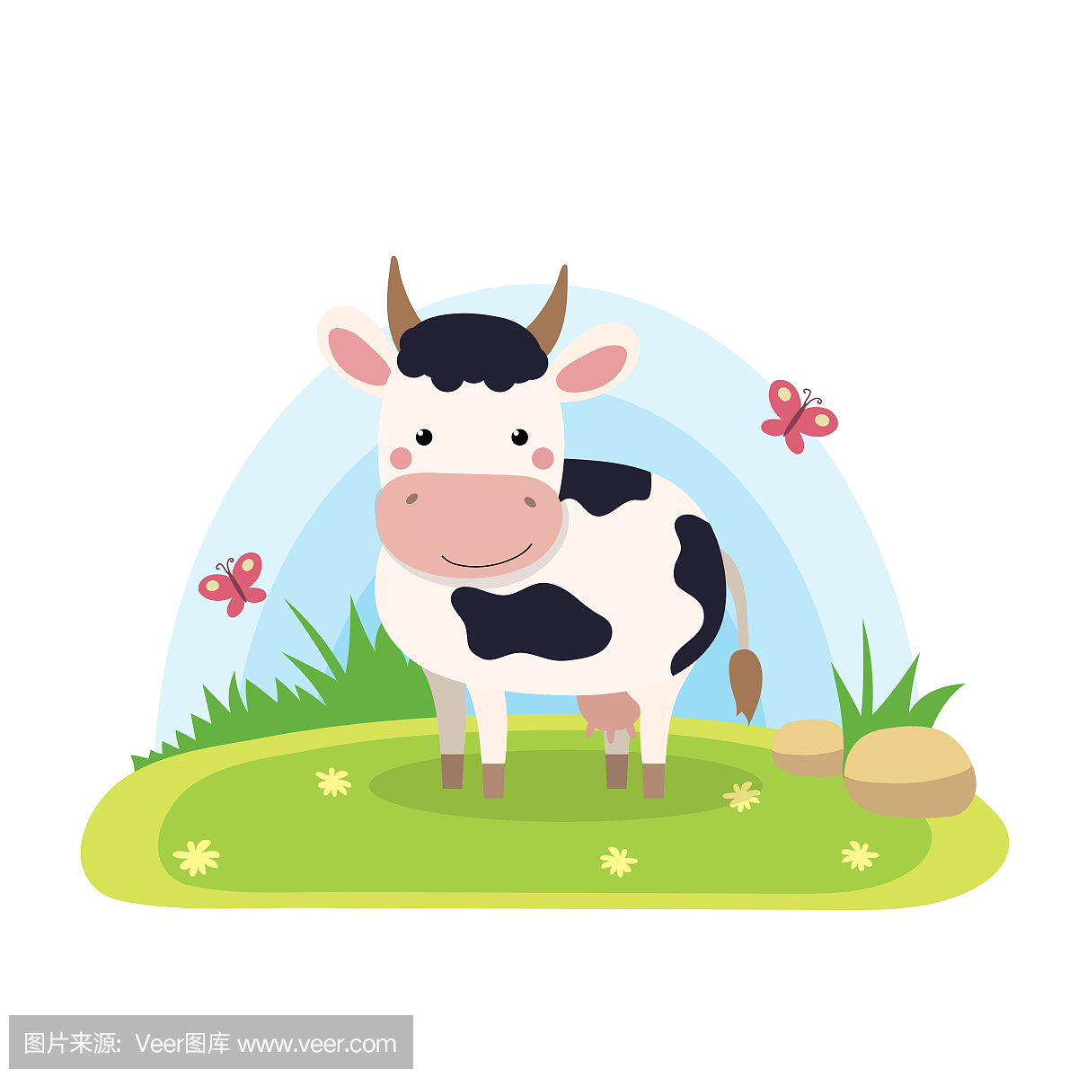 农场动物与景观 - 可爱的卡通矢量图和牛
