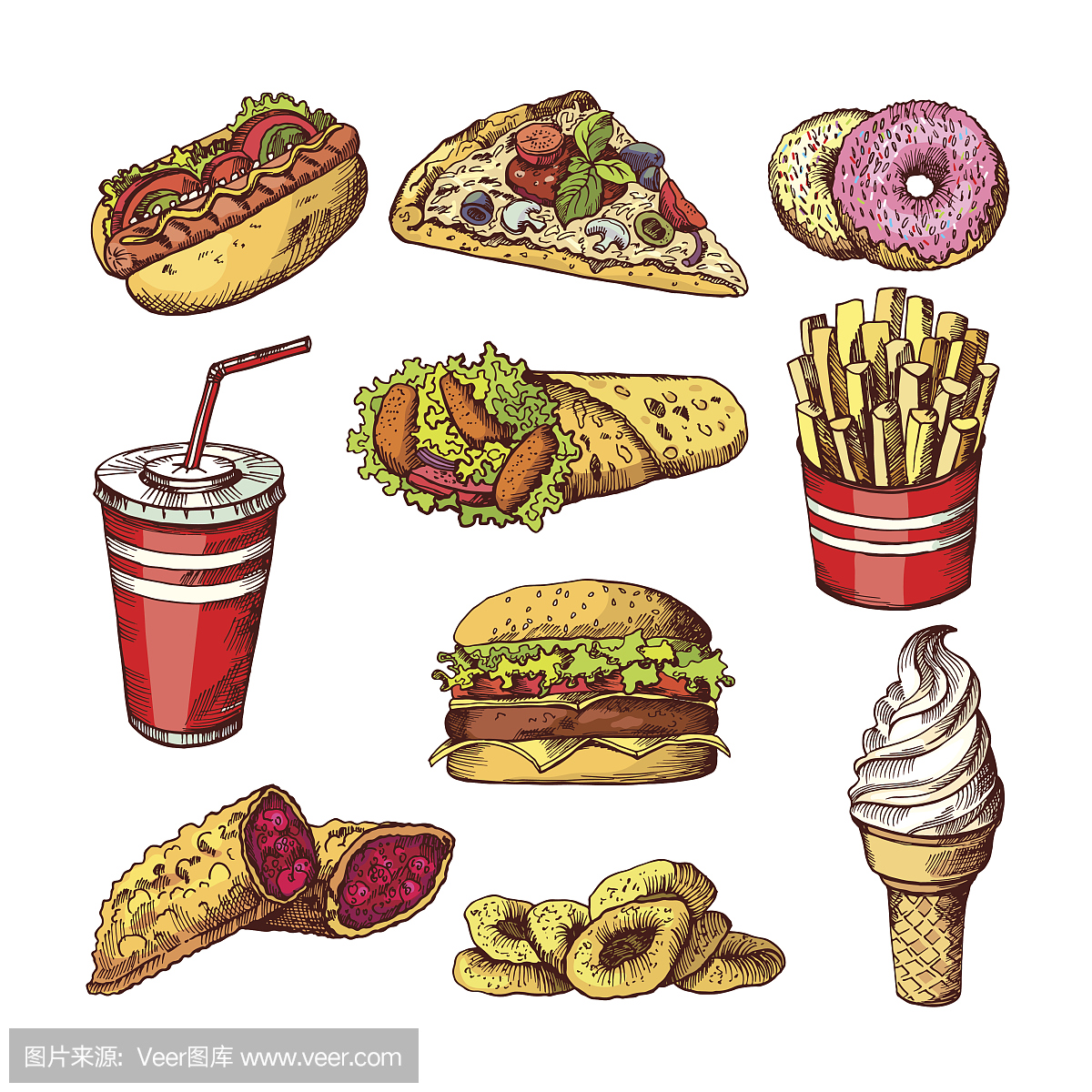 快餐图片汉堡,可乐三明治热狗和炸薯条。手绘