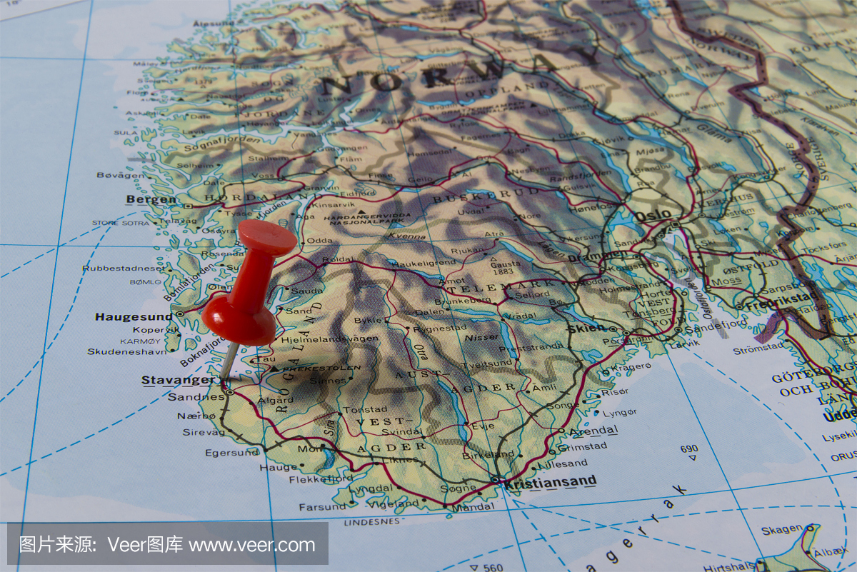 挪威地图上标有红色图钉的斯塔万格