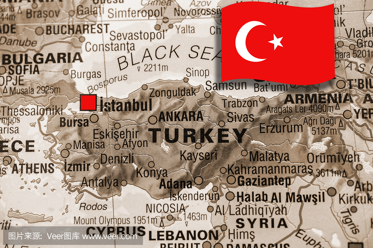 中东国家地图专注伊斯坦布尔,土耳其。旗。