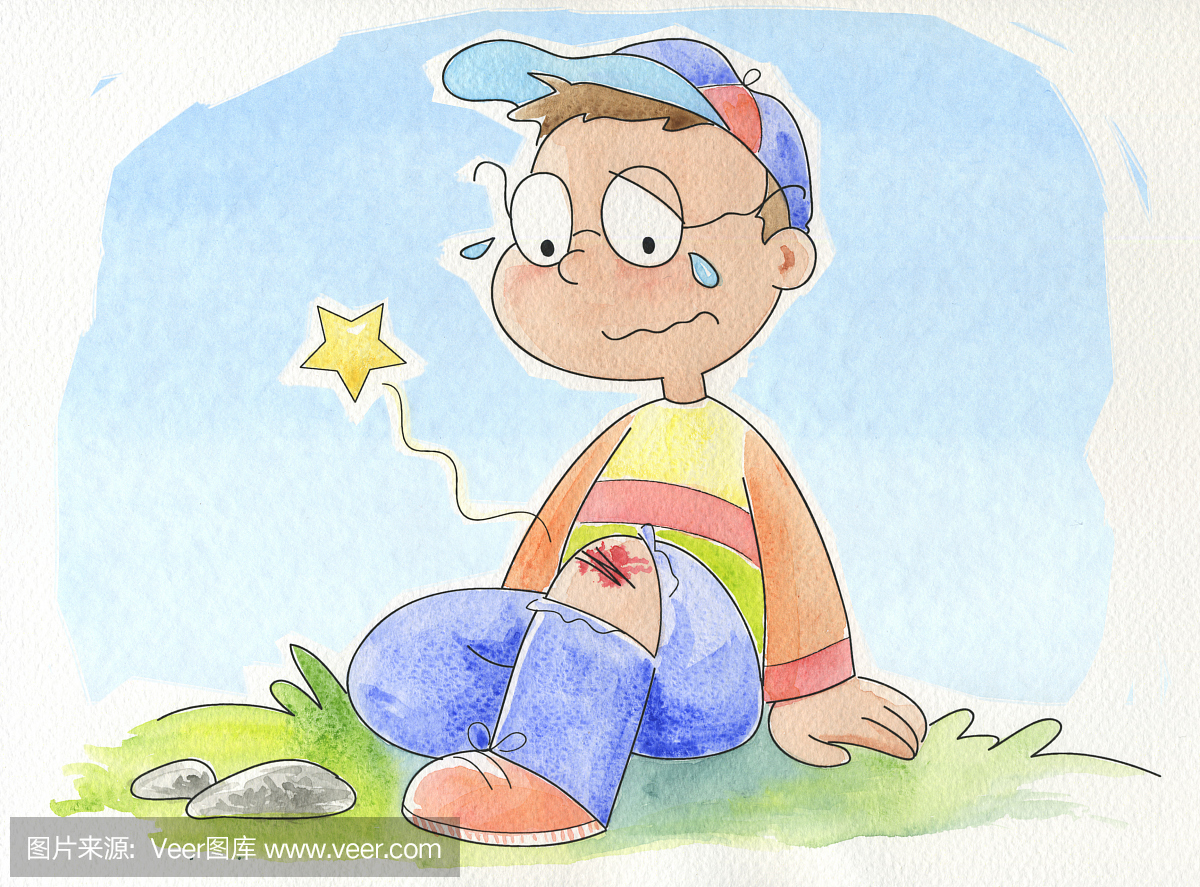 一个哭泣的男孩的卡通,在他的膝盖上切割