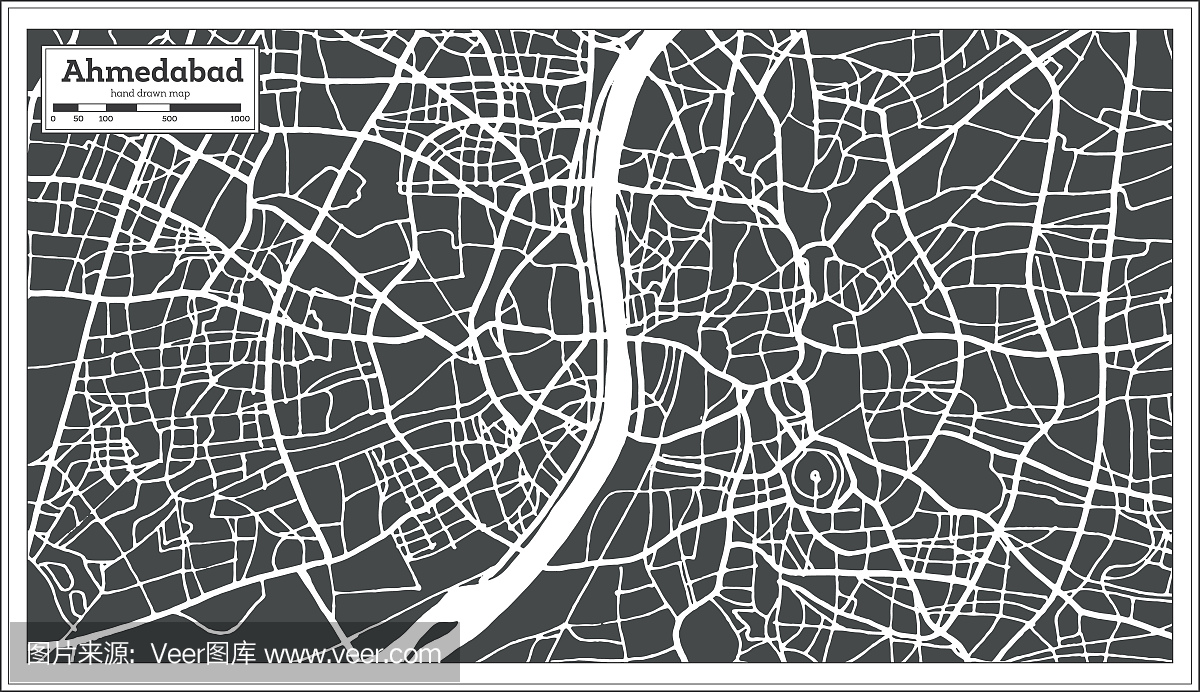 艾哈迈达巴德印度城市地图在复古风格。大纲地