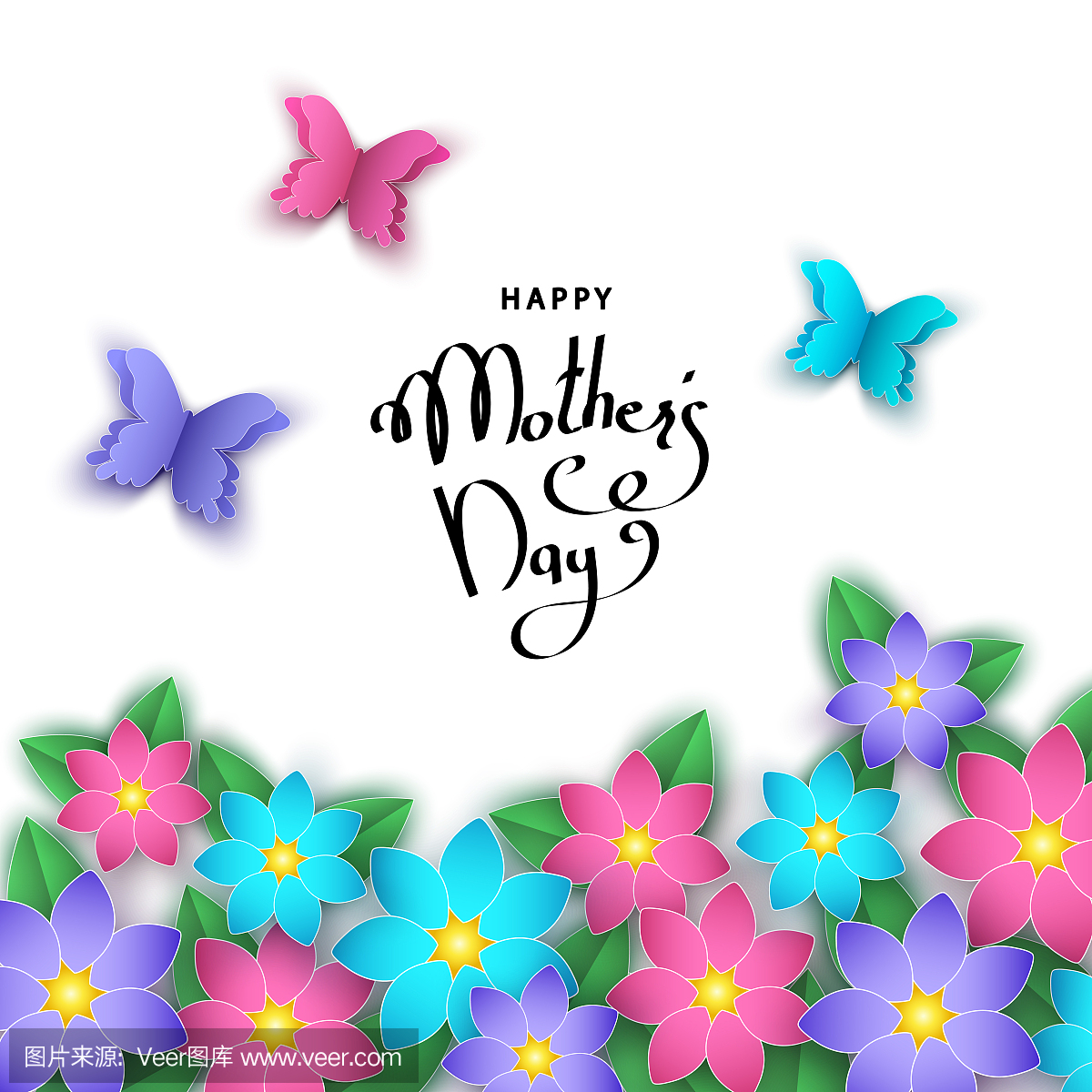 母亲节快乐横幅用纸剪花,蝴蝶。