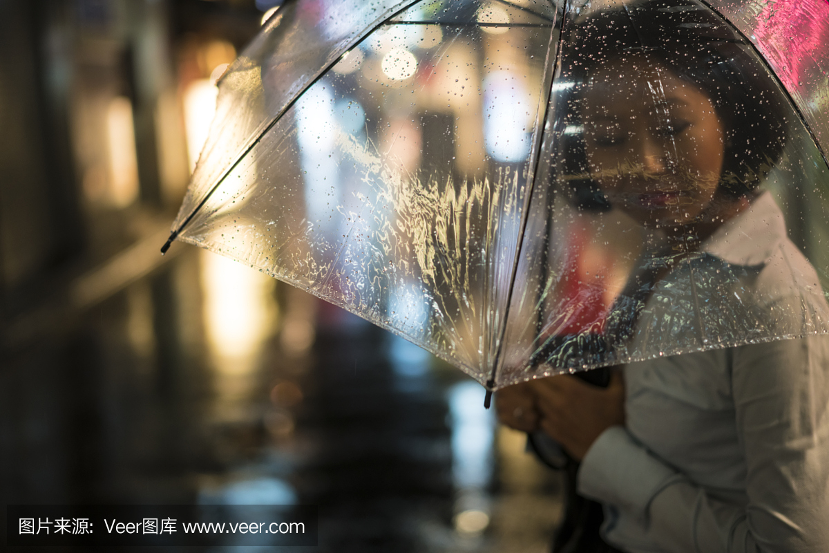 漂亮的女人在移动,日本的透明伞下的肖像。