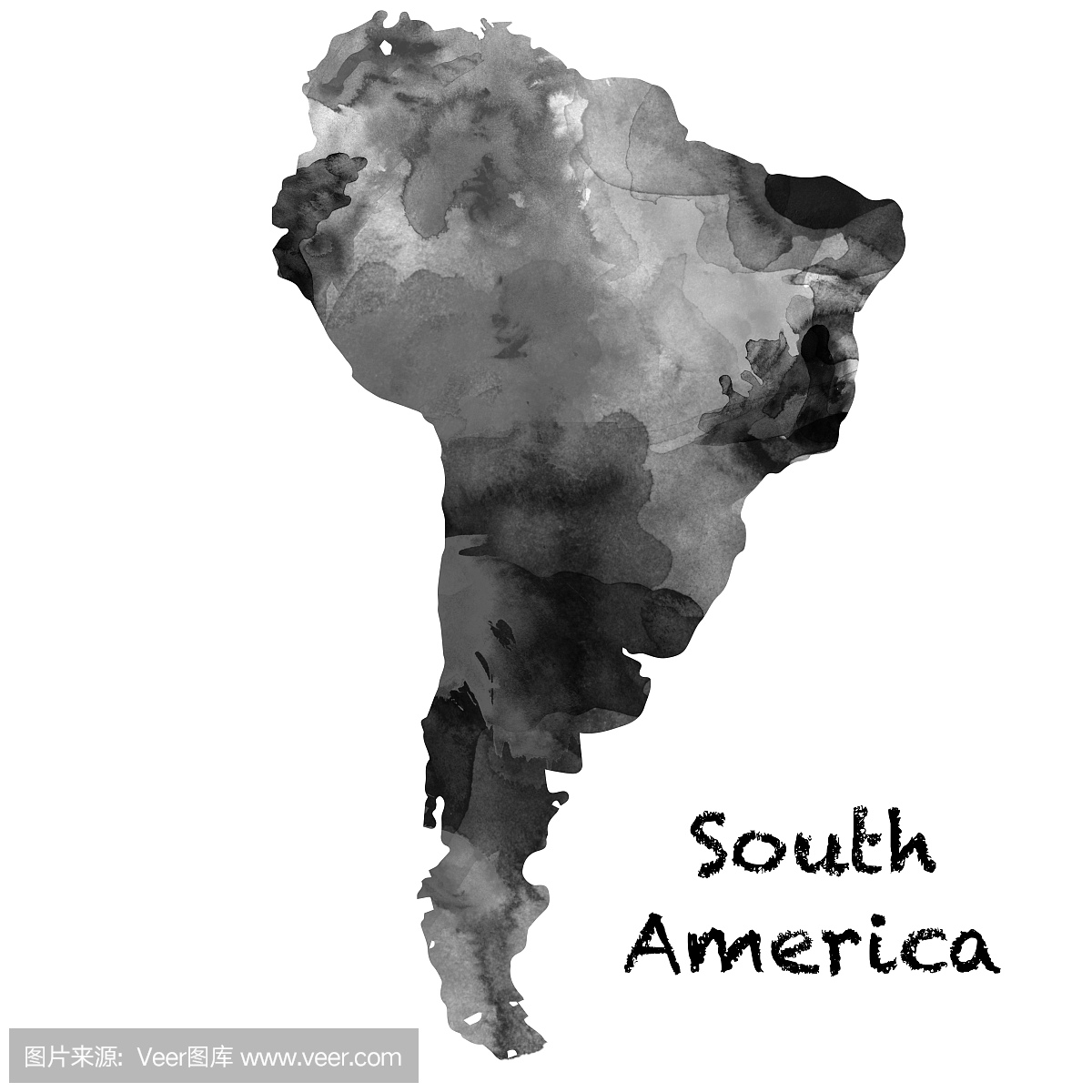 南美洲地图水墨画在水彩的黑色和白色颜色 - 白