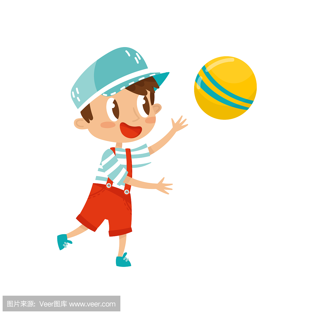 小男孩plaing与球,可爱的卡通人物矢量插图在白