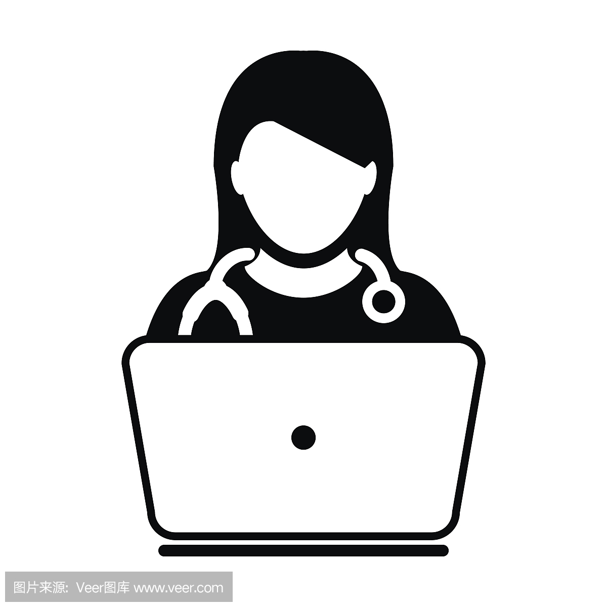 女人医生图标 - 矢量在线咨询笔记本电脑在字形
