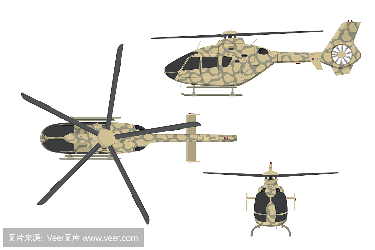 在白色背景上的平面风格的军用直升机。顶部,