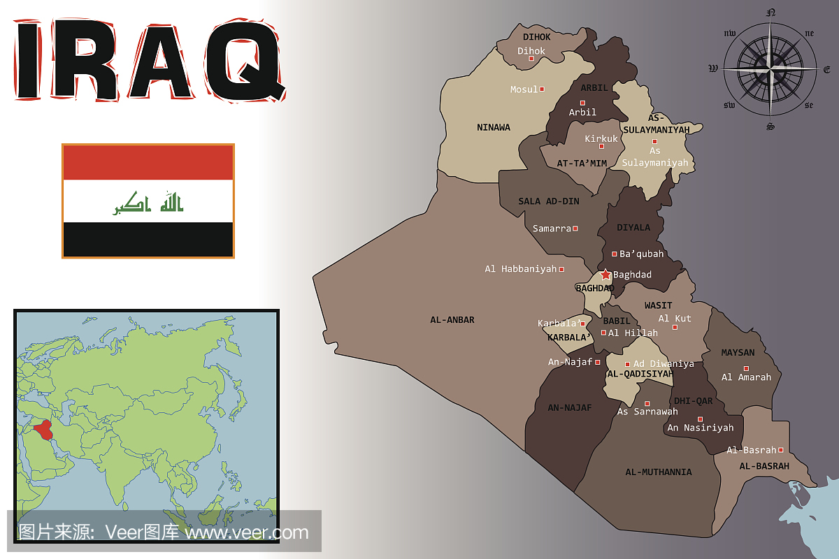 地图,国旗和伊拉克的位置