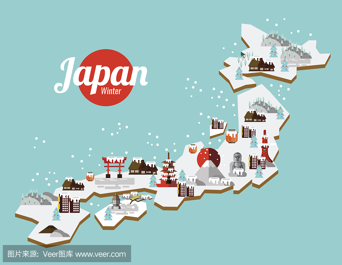 日本冬季地标和旅游地图。