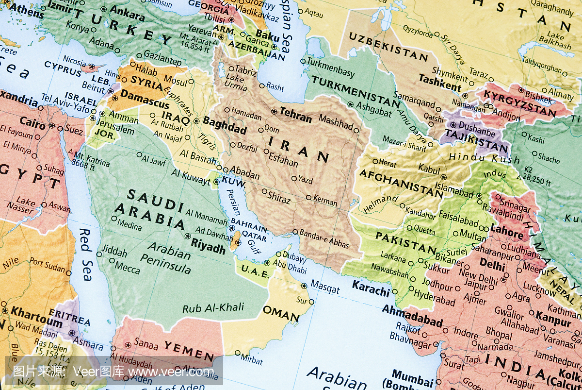 中东,波斯湾和巴基斯坦\/阿富汗地区地图 - 二