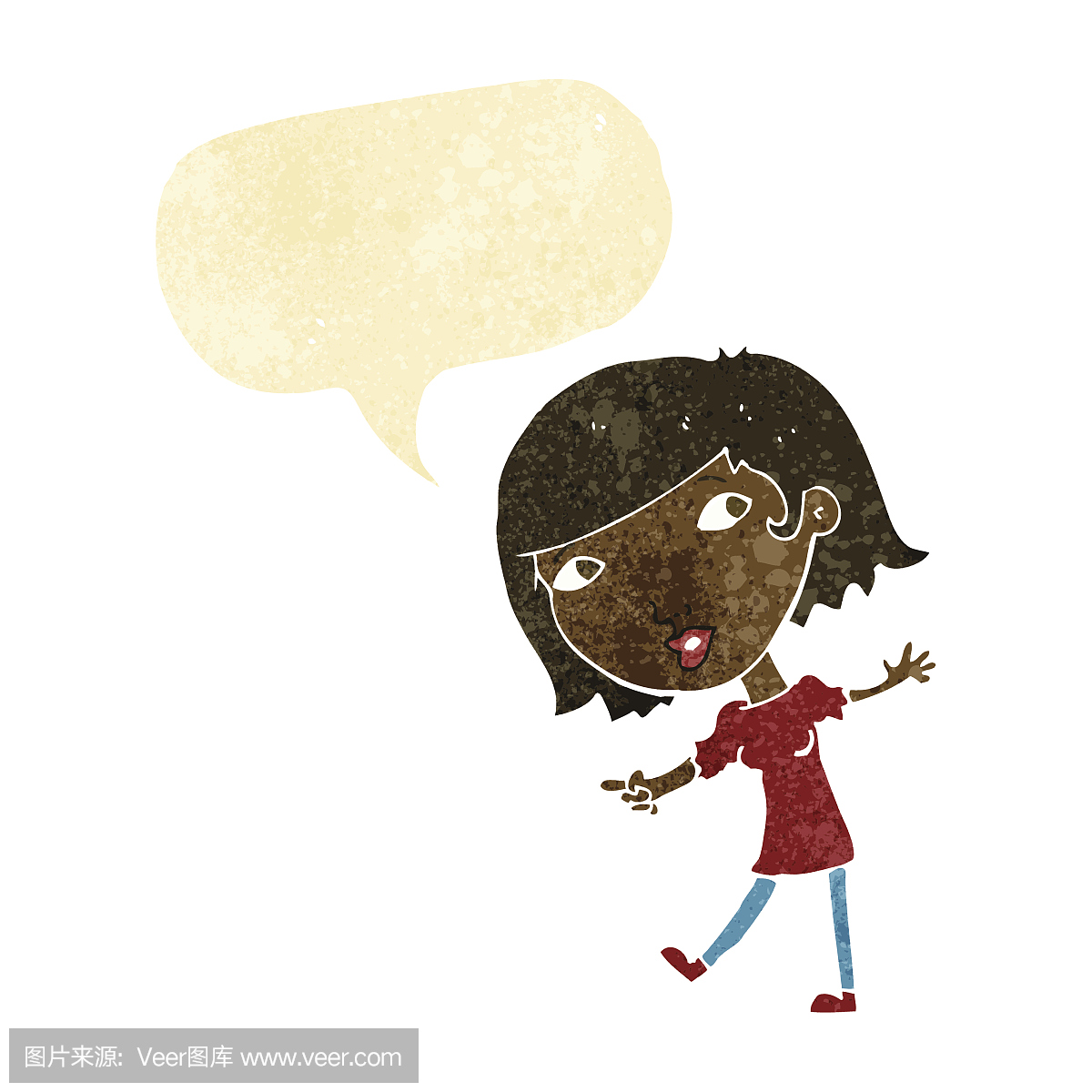 卡通快乐女孩打手势跟随演讲泡沫