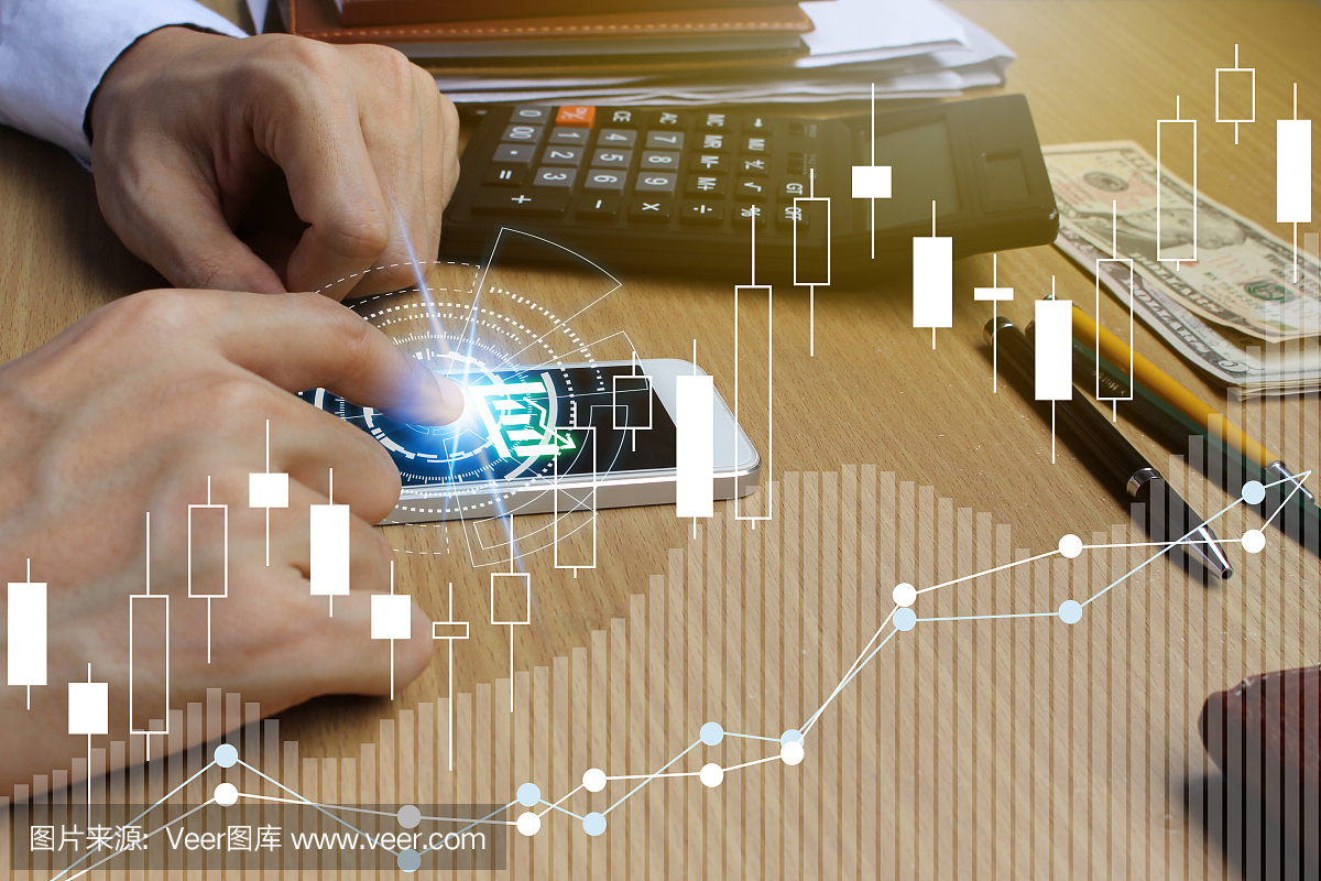 商人两次曝光使用智能手机与股市或财务图表金