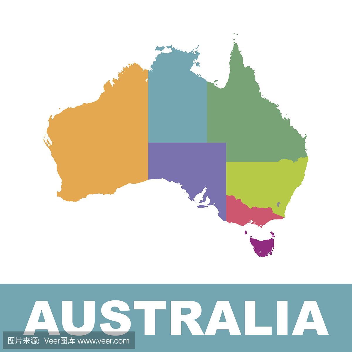 澳大利亚地图颜色与地区。矢量平面