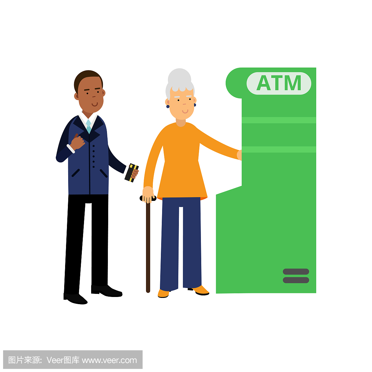 银行职员帮助老年妇女使用ATM。正式服装的