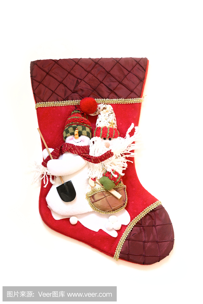 圣诞节背景。白色背景上的圣诞节手工制作袜子