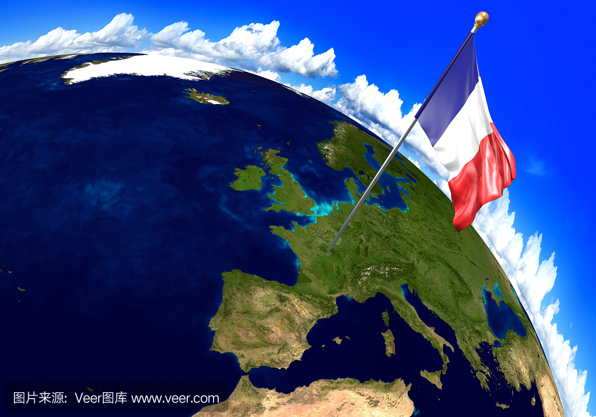 法国国旗标志着世界地图上的国家位置