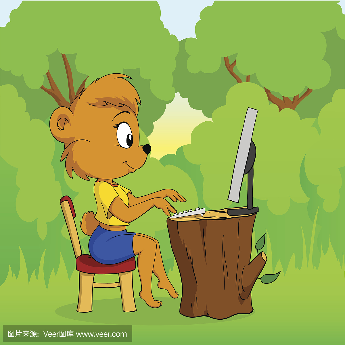 可爱的女性卡通熊在绿色森林的电脑上打字
