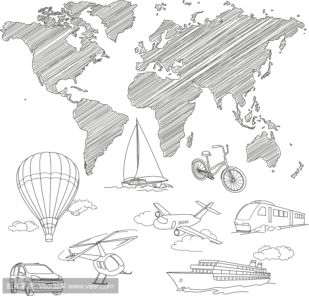 旅行运输和世界地图线素描矢量