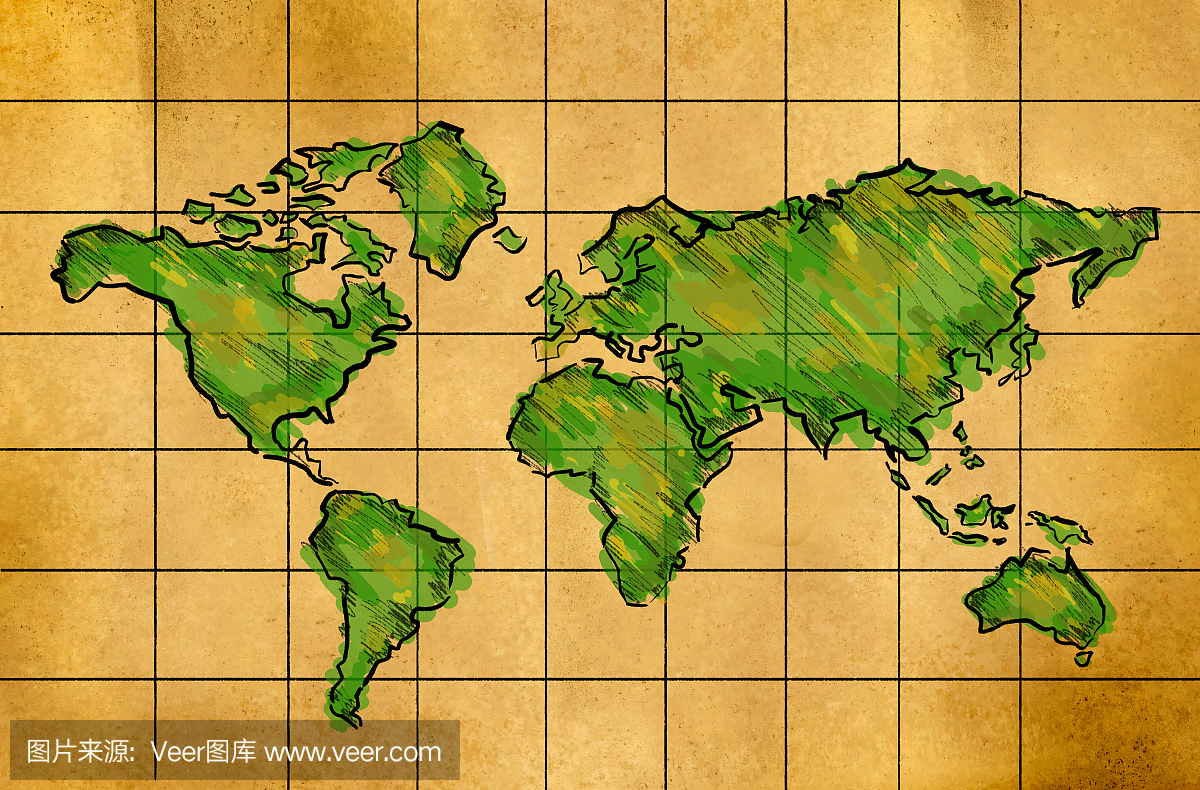 世界地图老纸上的素描水彩图片