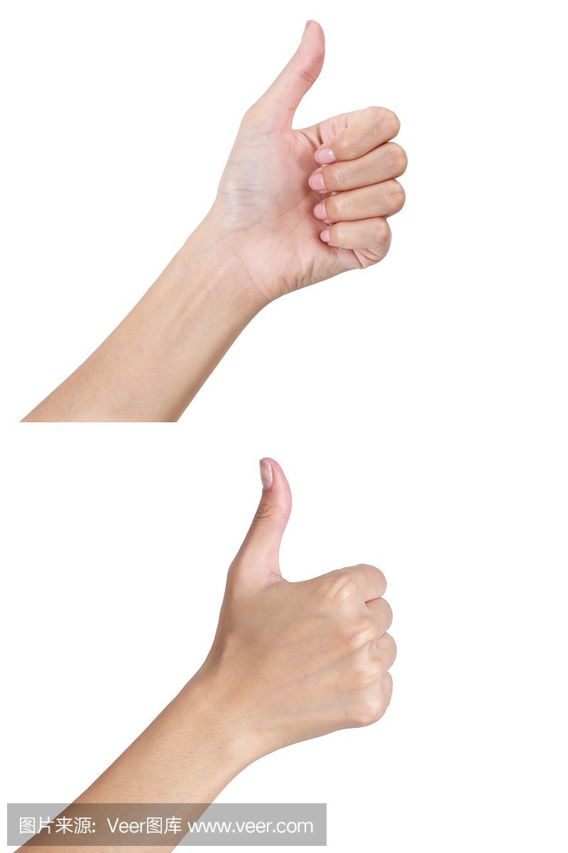 女人的双手打手势竖起大拇指前后。