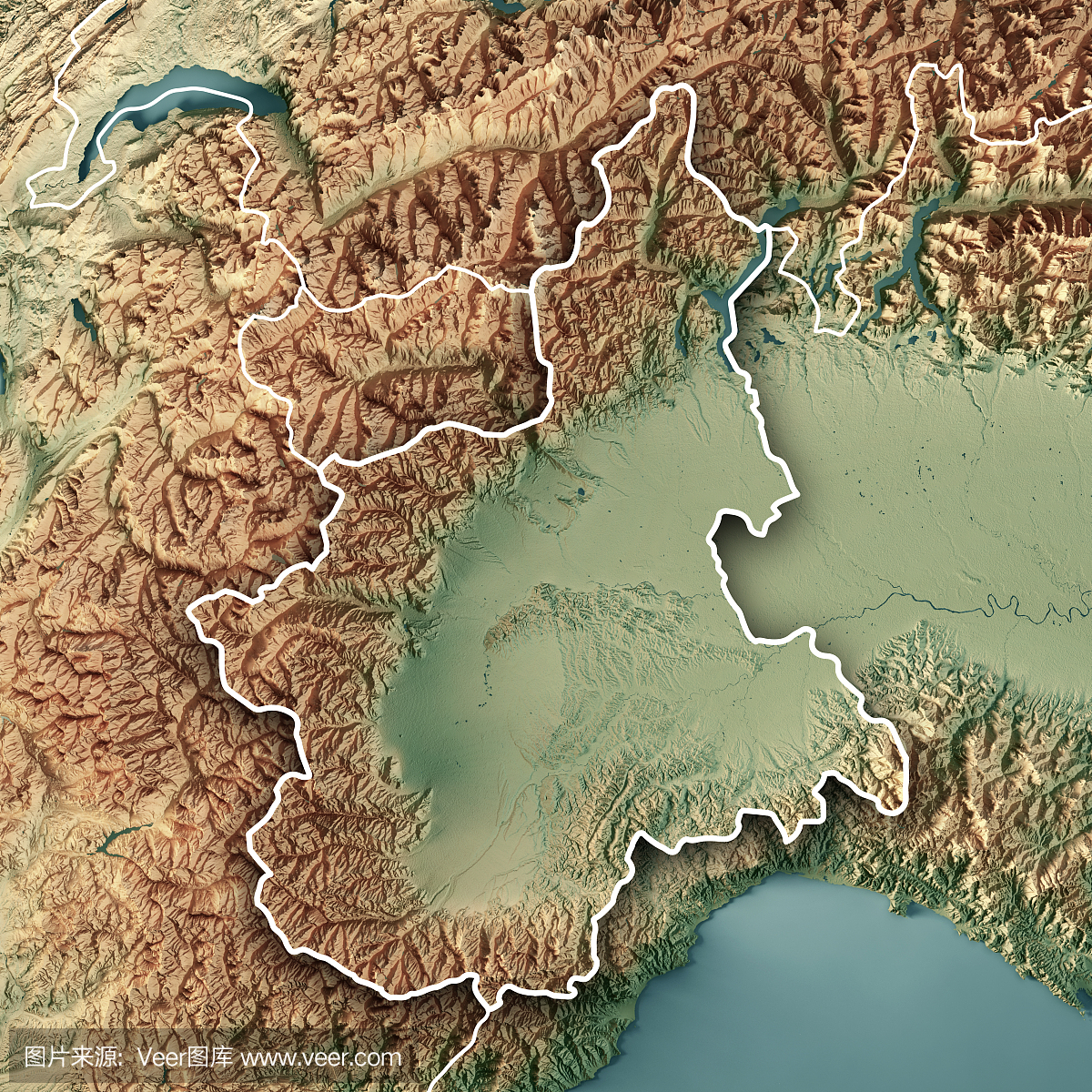 皮埃蒙特州意大利3D渲染地形图边框