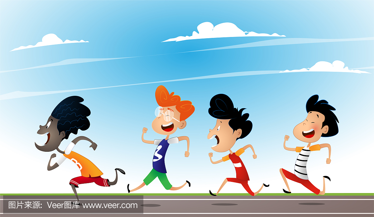 卡通多种族的孩子在学校操场上跑步