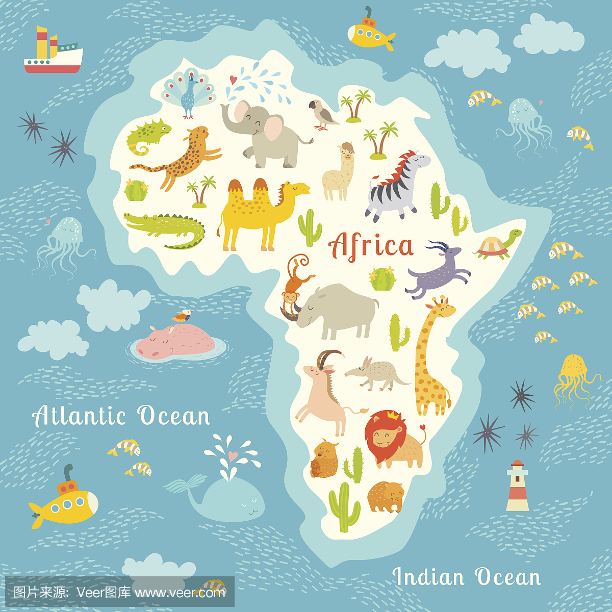 动物世界地图,非洲。