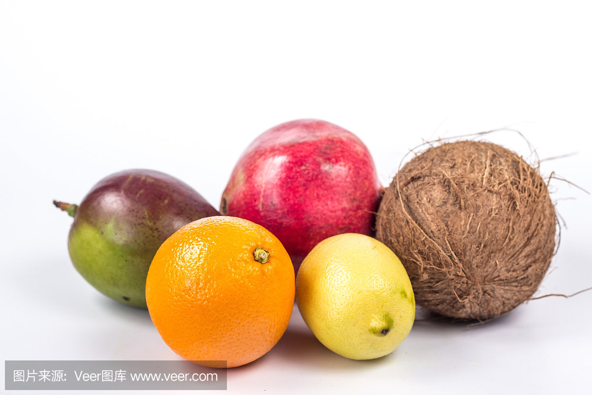 一组热带水果 - 柑橘和椰子