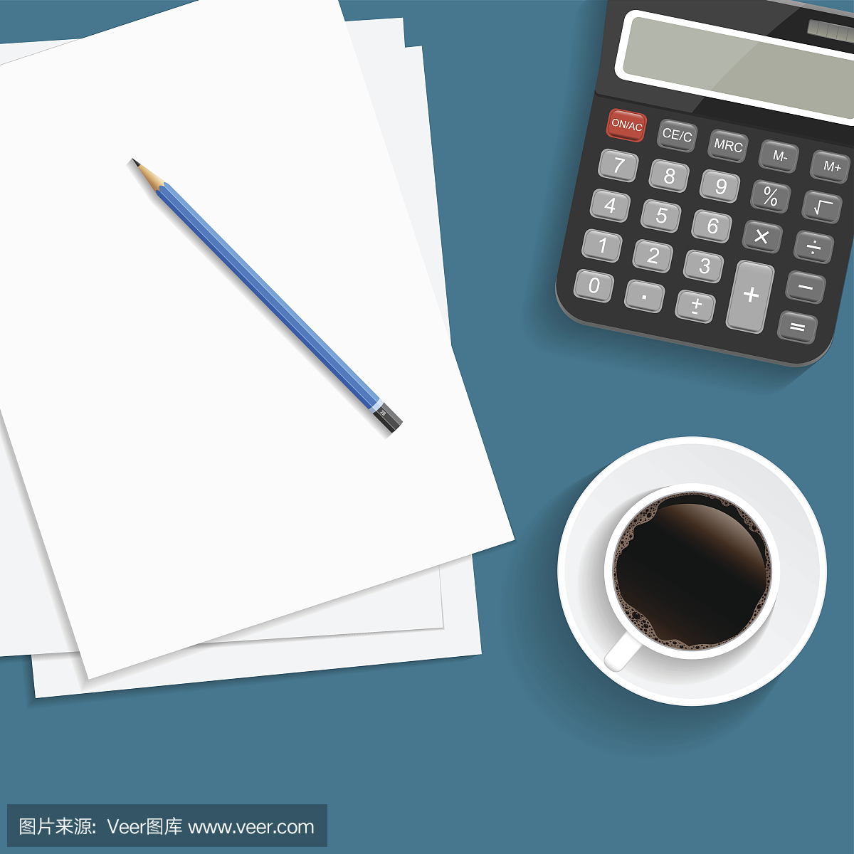 经营理念。铅笔和杯咖啡在蓝色背景的现实论文