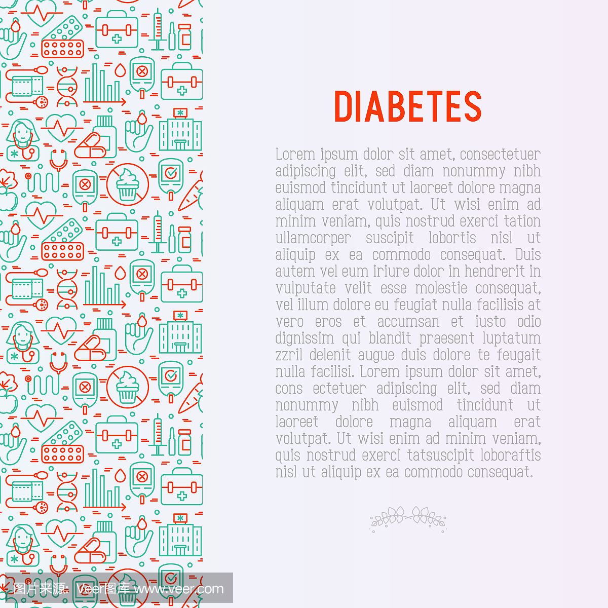 糖尿病概念与症状和预防保健细线图标。矢量图