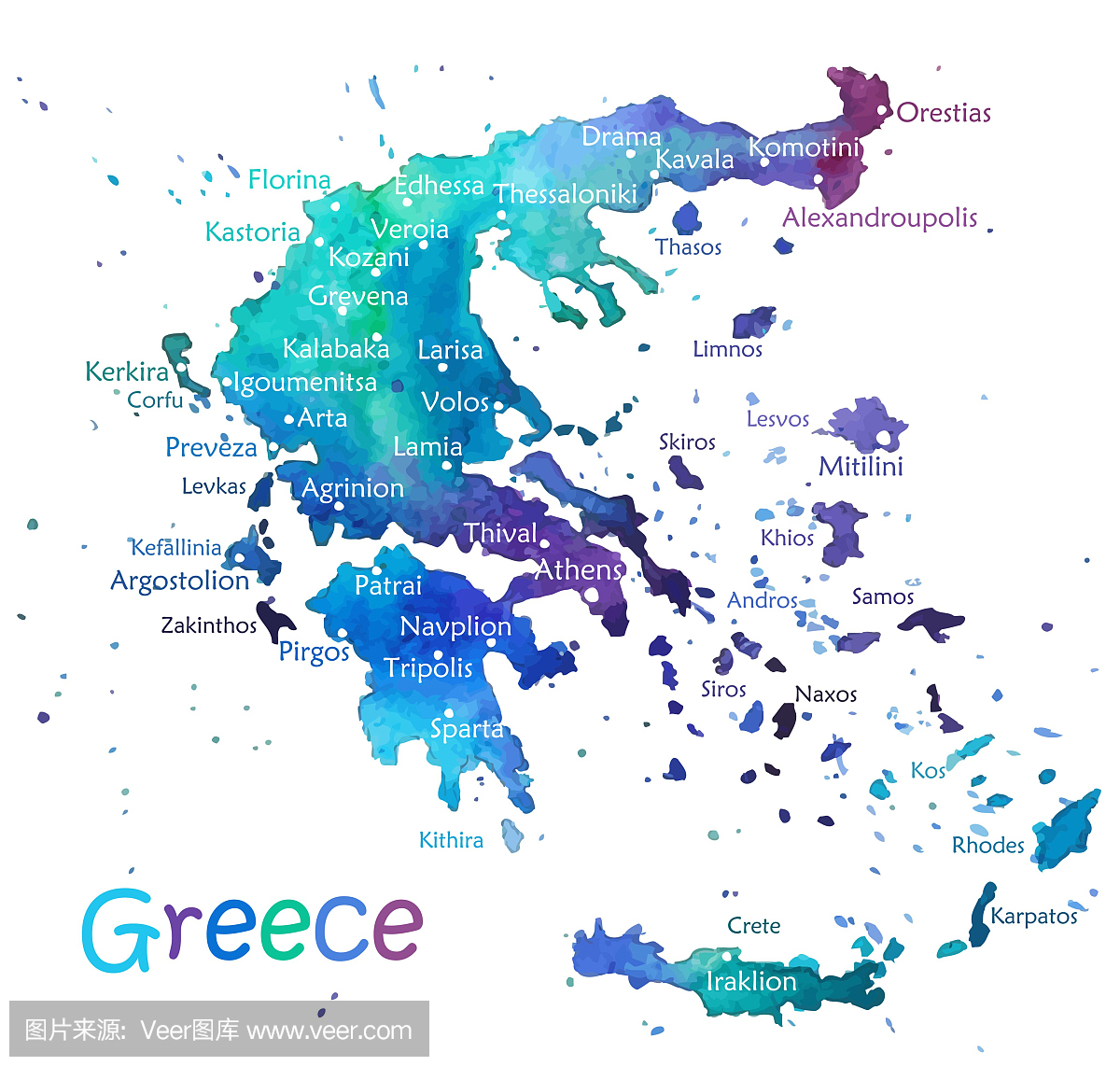 手绘水彩地图希腊