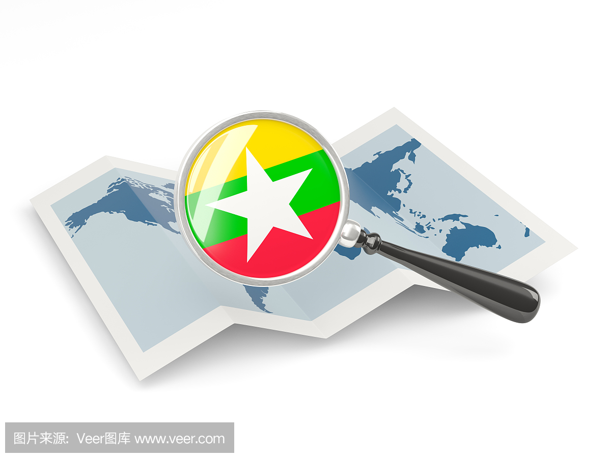 放大的缅甸国旗与地图
